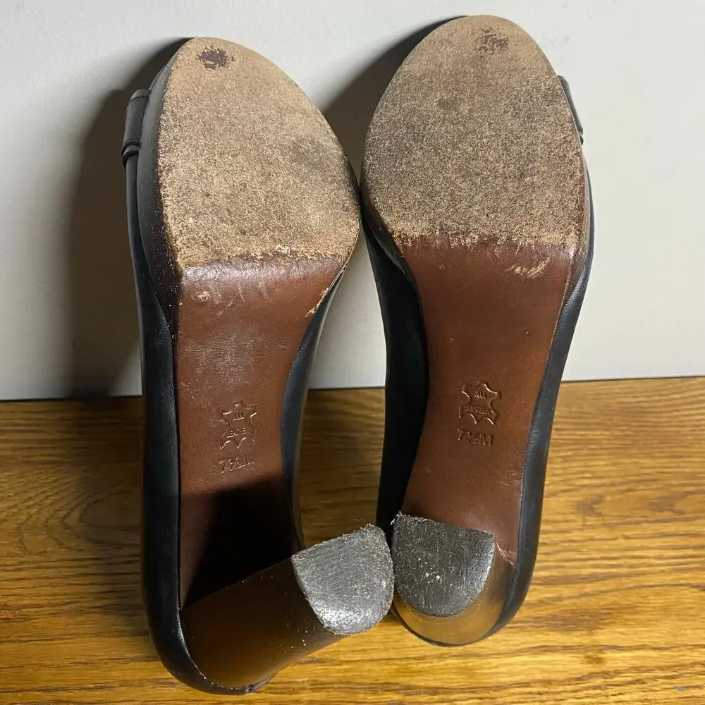 Tory Burch Women’s 7.5M Black Leather Block High Heel Pumps Big Logo Round Toe